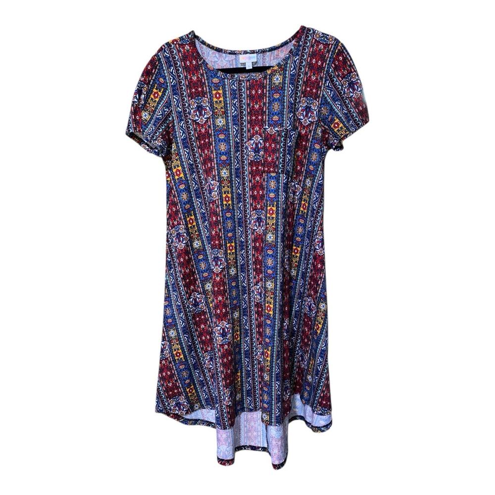 LuLaRoe Carly Dress Boho Geometric Print High-Low Swing Size‎ Small Short Sleeve